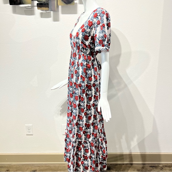 NWT J.Crew V-neck Maxi in Ivory Cerise Poppy Print Floral Cotton Tiered Dress - Picture 3 of 16